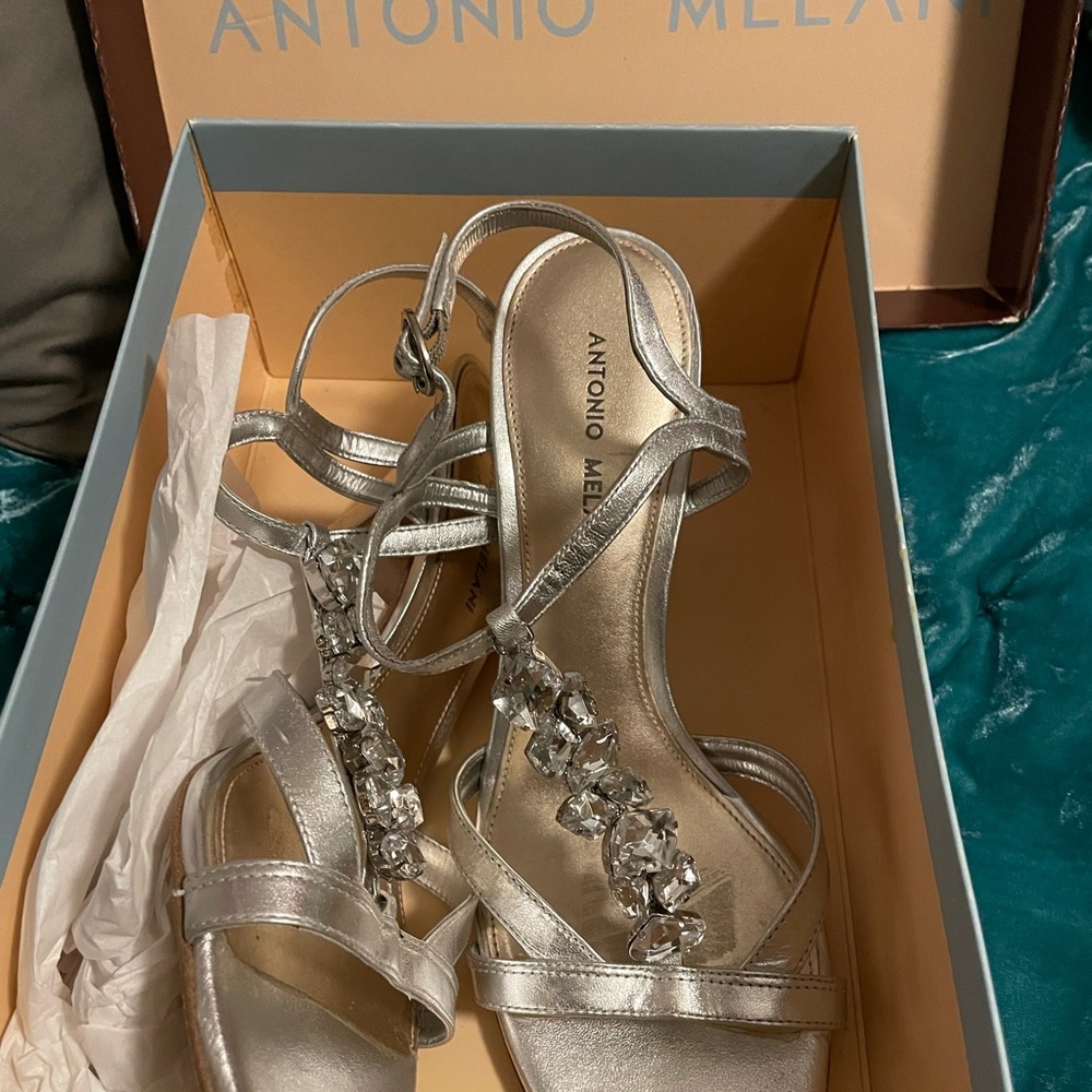 Antonio Melani silver and rhinestone low heel dressy sandal. - Picture 3 of 6